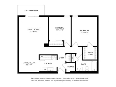 Floor plan for 2 beds, 1 bath, 925 sqft